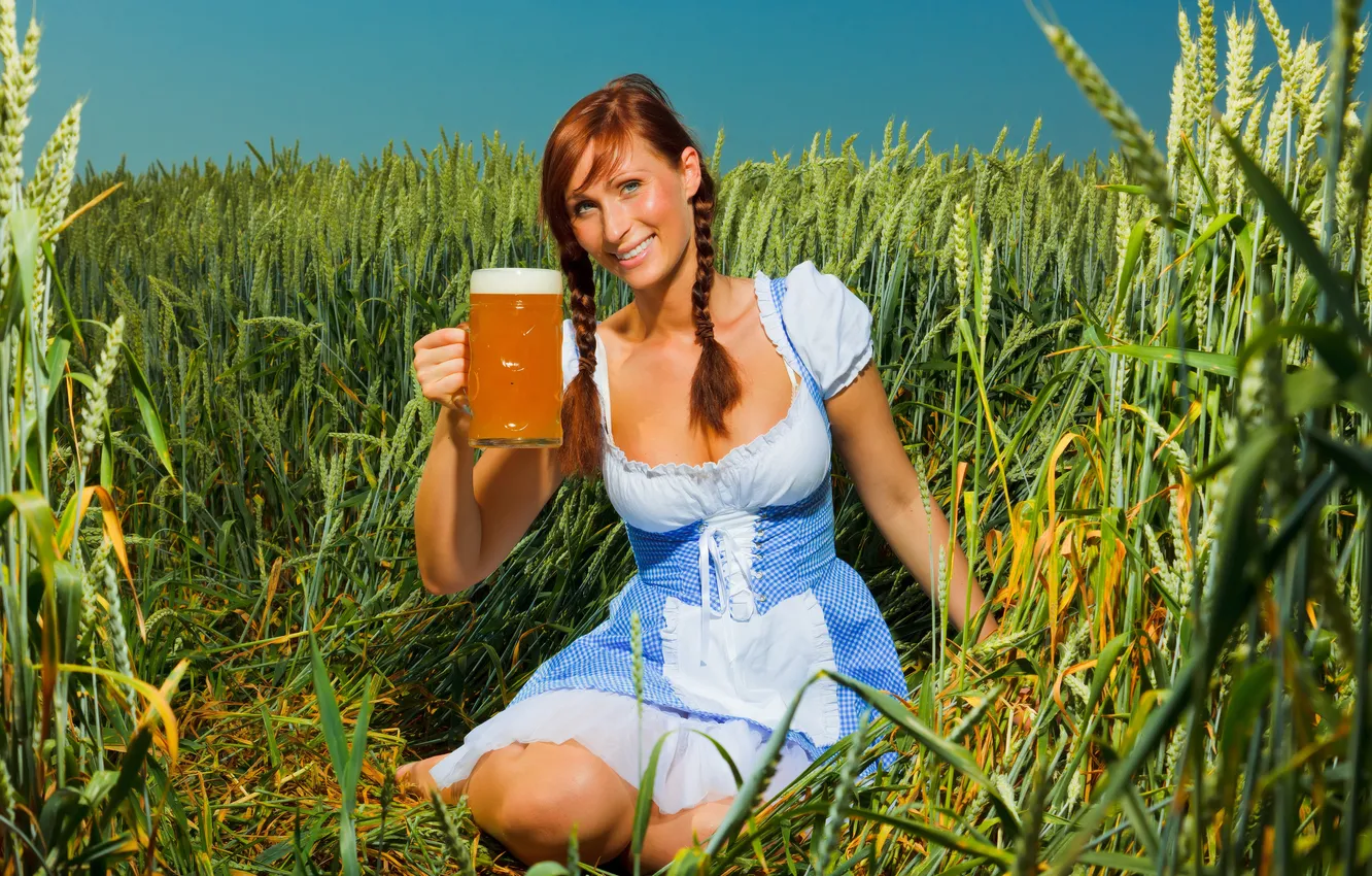 Photo wallpaper girl, nature, rye, beer, braid, sundress