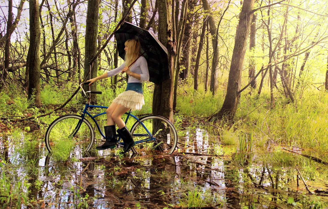 Photo wallpaper forest, girl, bike, umbrella