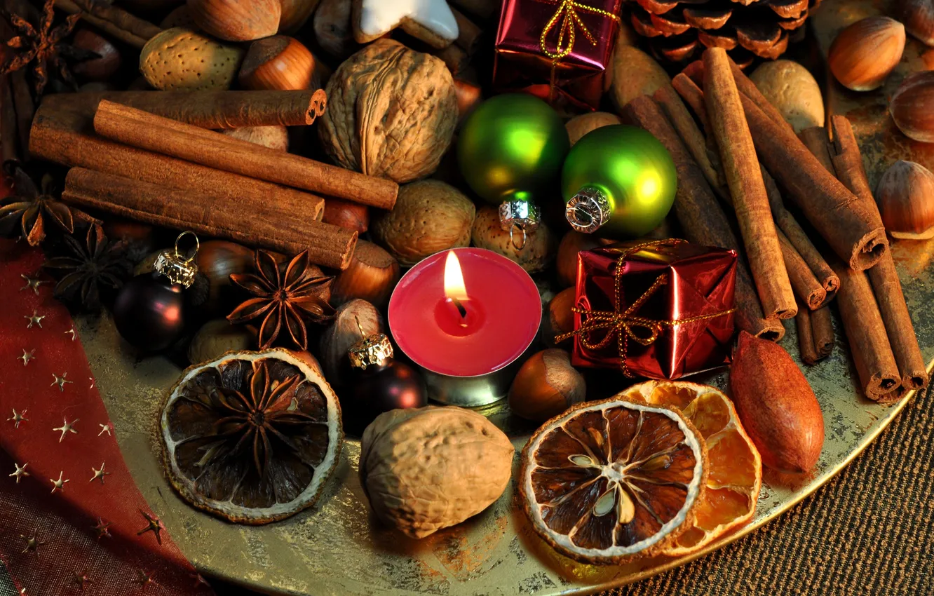 Photo wallpaper new year, cookies, Christmas, sweets, fruit, nuts, cinnamon, Christmas