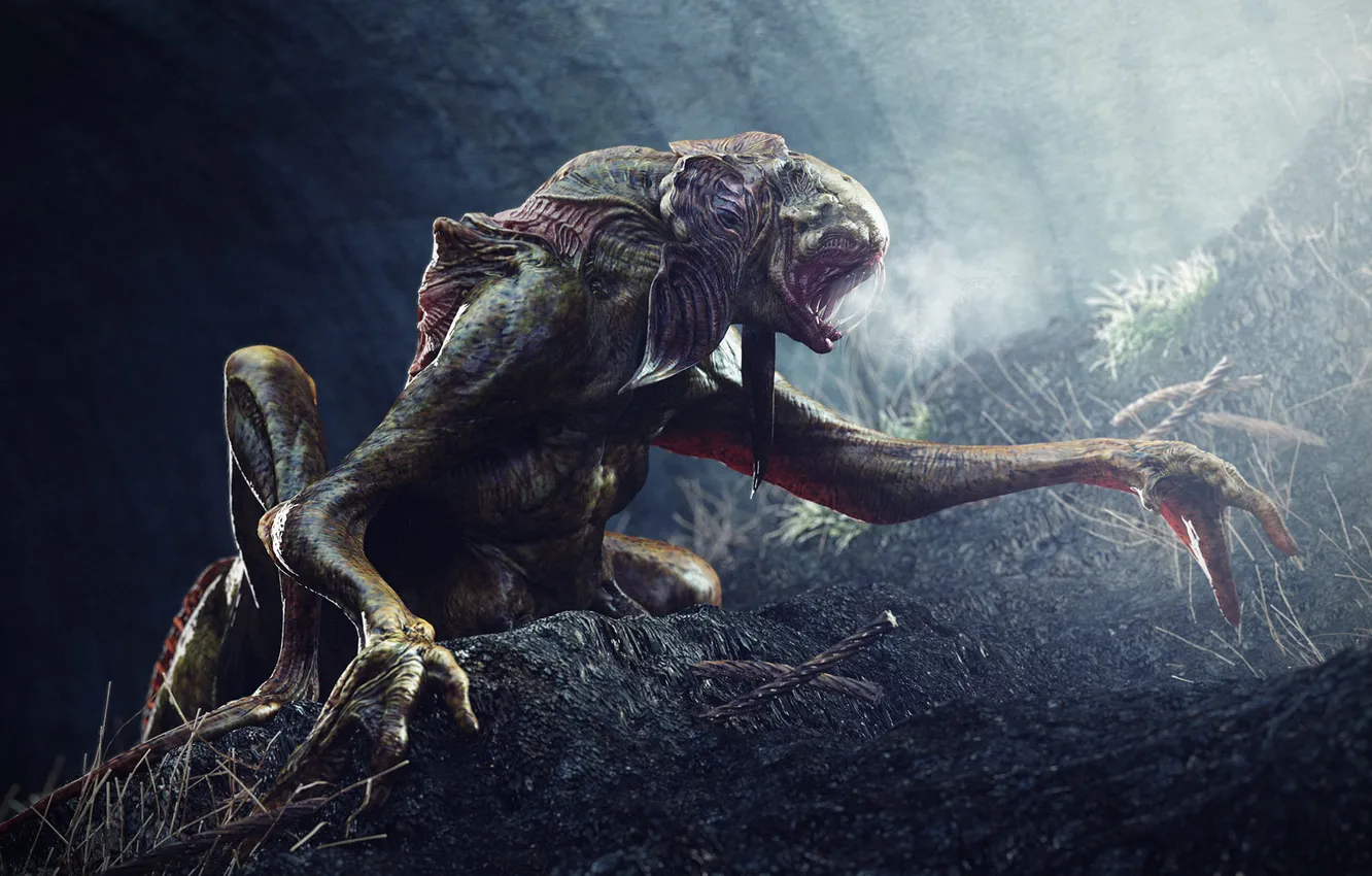 Photo wallpaper earth, monster, teeth, paws, cave, slimy