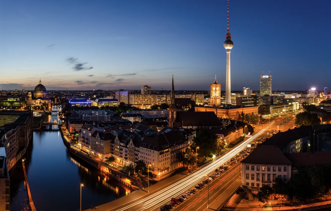 Photo wallpaper road, night, bridge, city, the city, lights, lights, street