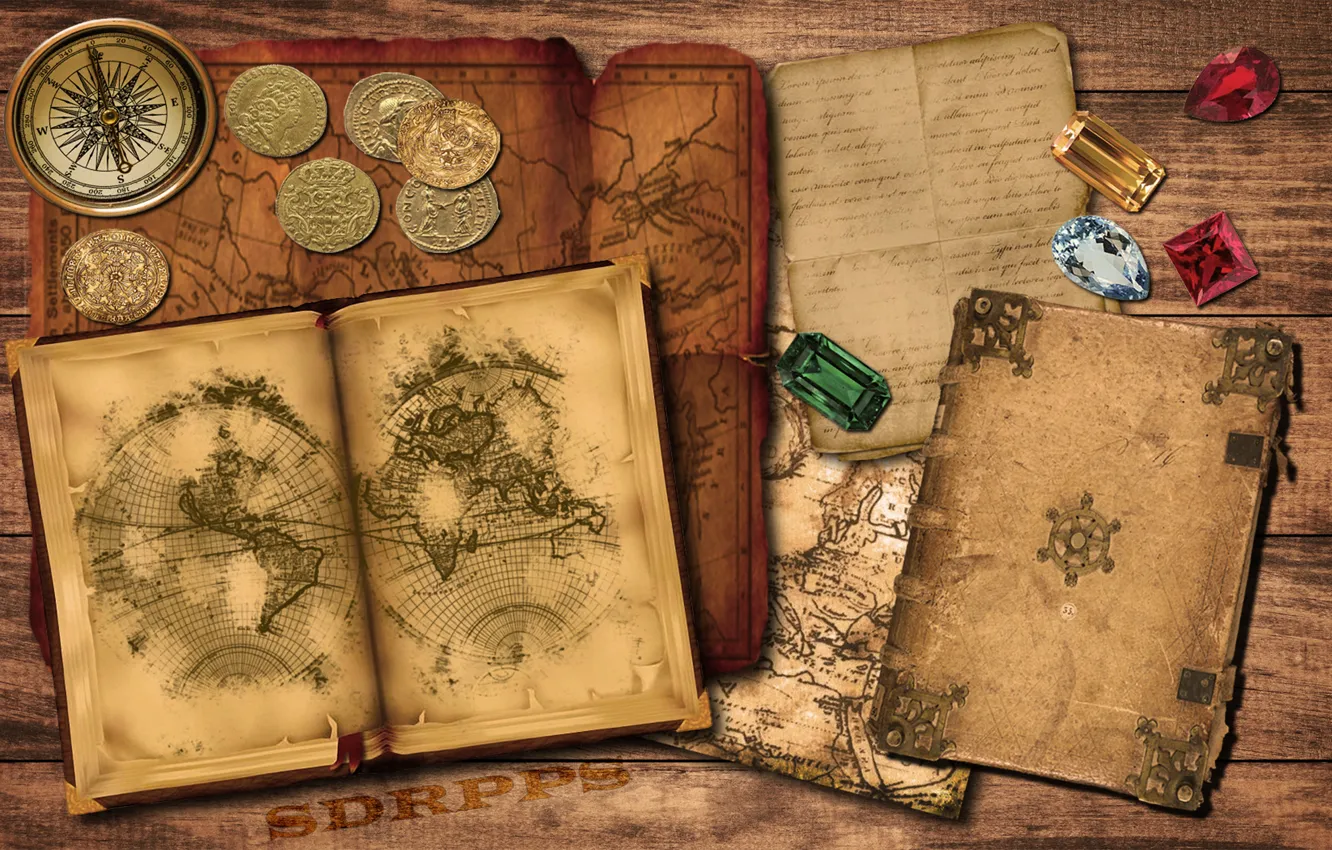 Photo wallpaper gold, old, map, book, compass, ruby, coins, emerald