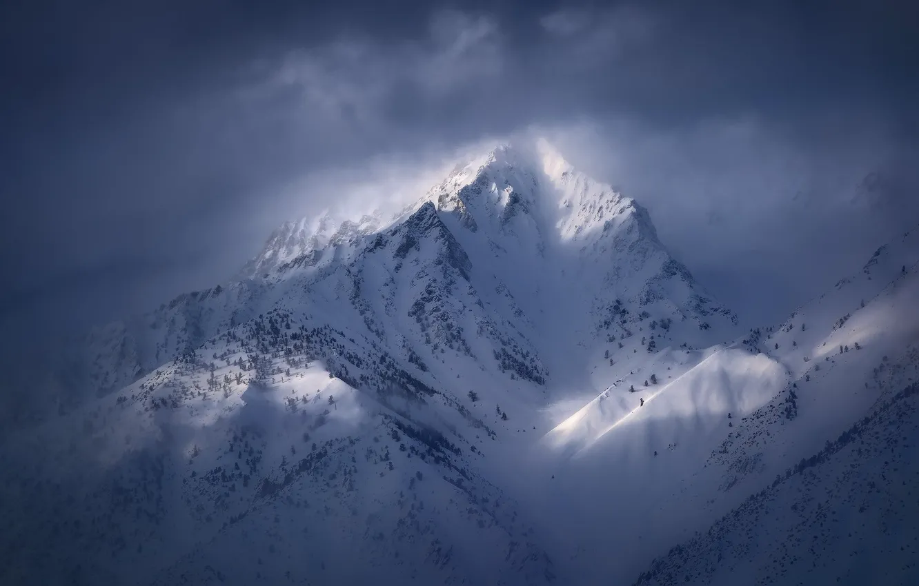 Photo wallpaper winter, clouds, light, snow, mountains, mountain