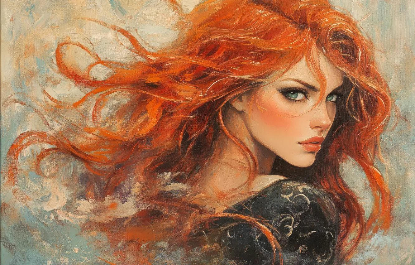 Photo wallpaper look, girl, pose, the wind, portrait, redhead, flowing hair, imitation painting