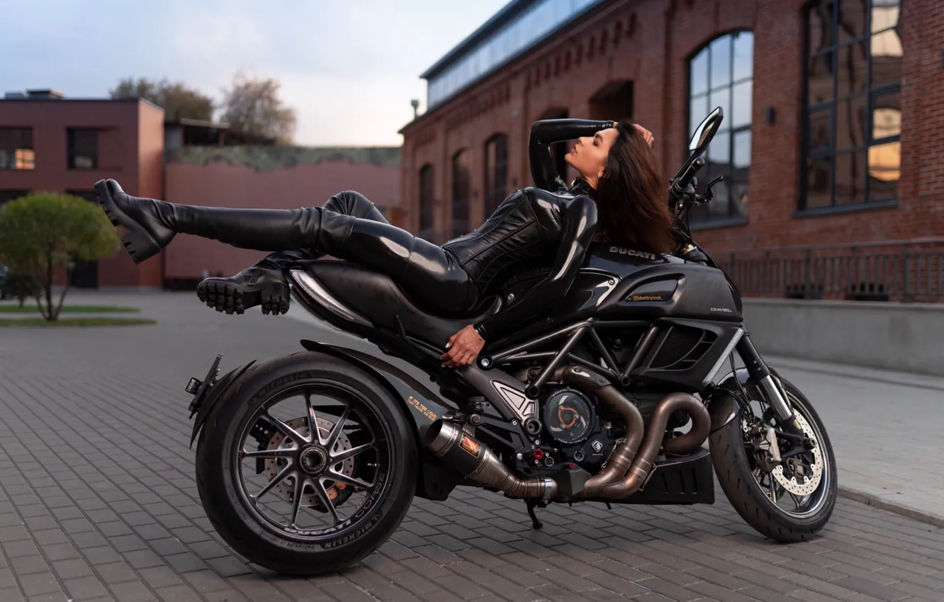 Photo wallpaper girl, pose, feet, boots, motorcycle, latex, Ducati, Ilya Pistols