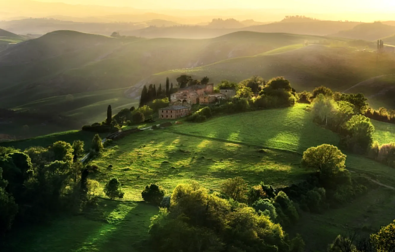 Photo wallpaper trees, house, morning, Italy, Tuscany