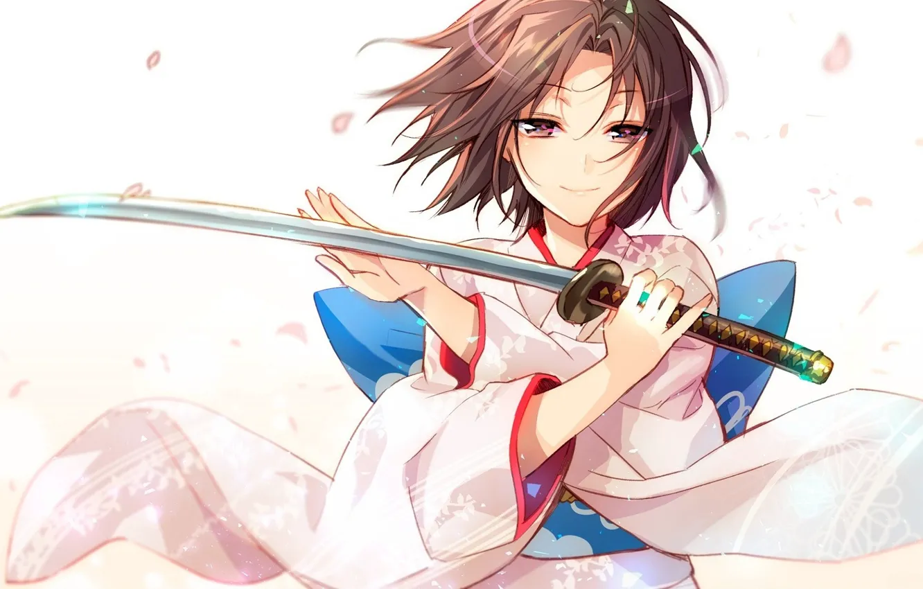 Photo wallpaper smile, the wind, katana, petals, blade, white background, kimono, Shiki Ryougi