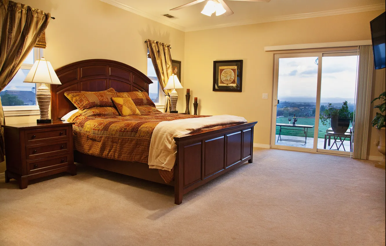 Photo wallpaper lamp, room, Windows, bed, interior, bedroom, chest