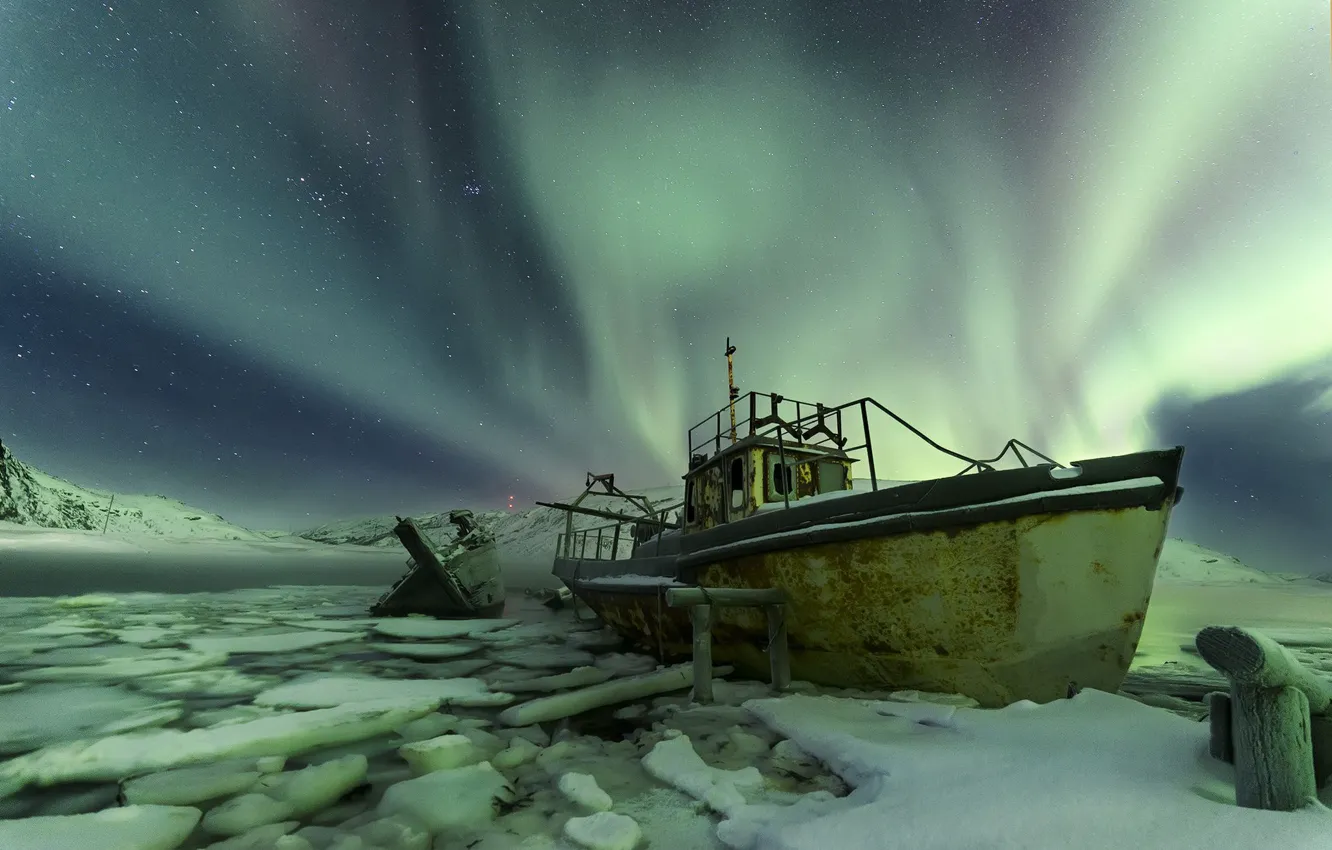 Photo wallpaper boat, Aurora, Northern lights, Norway