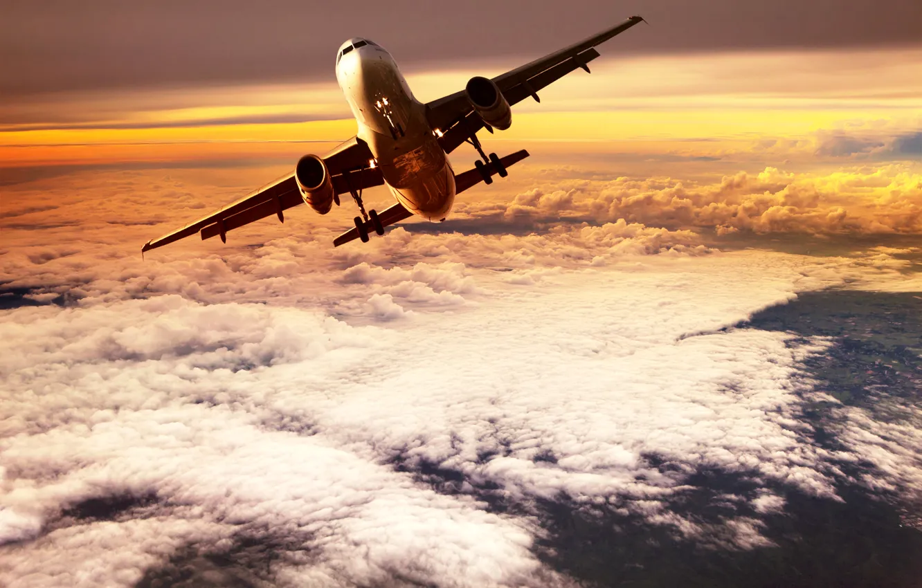 Photo wallpaper the sky, clouds, flight, the plane, height, horizon, glow, the rise