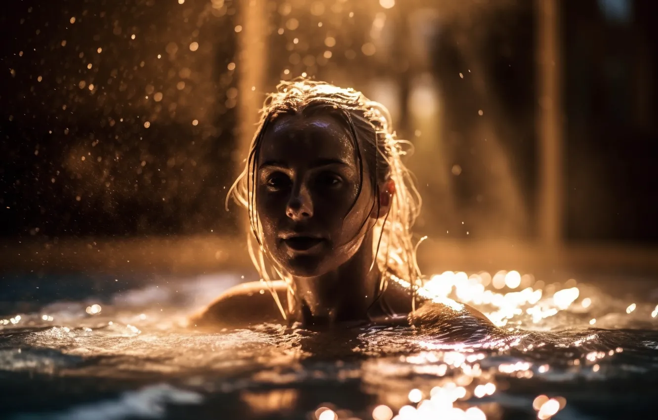 Photo wallpaper One, woman, smiling, enjoying, outdoors, swim, generated, refreshing