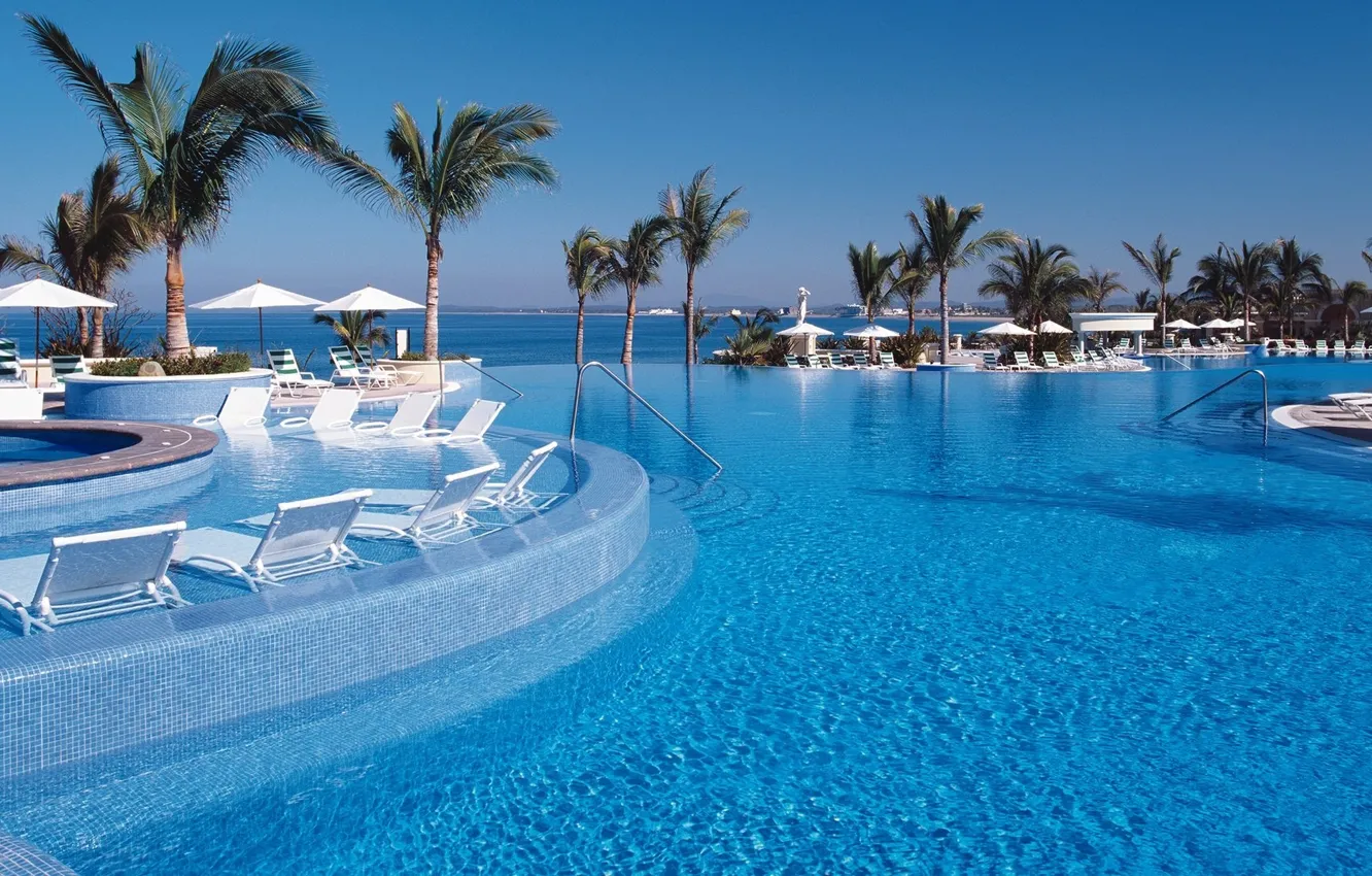 Photo wallpaper palm trees, the ocean, view, pool