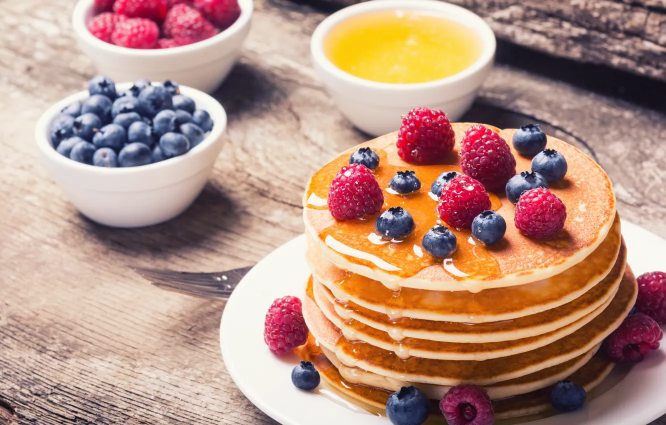 Photo wallpaper berries, raspberry, blueberries, honey, pancakes, pancakes
