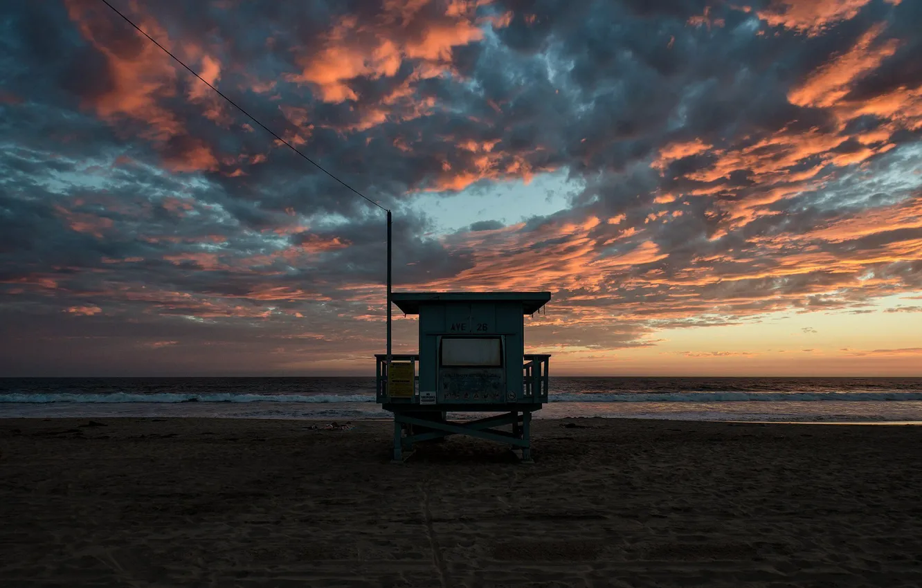 Photo wallpaper sea, beach, clouds, sunset, booth
