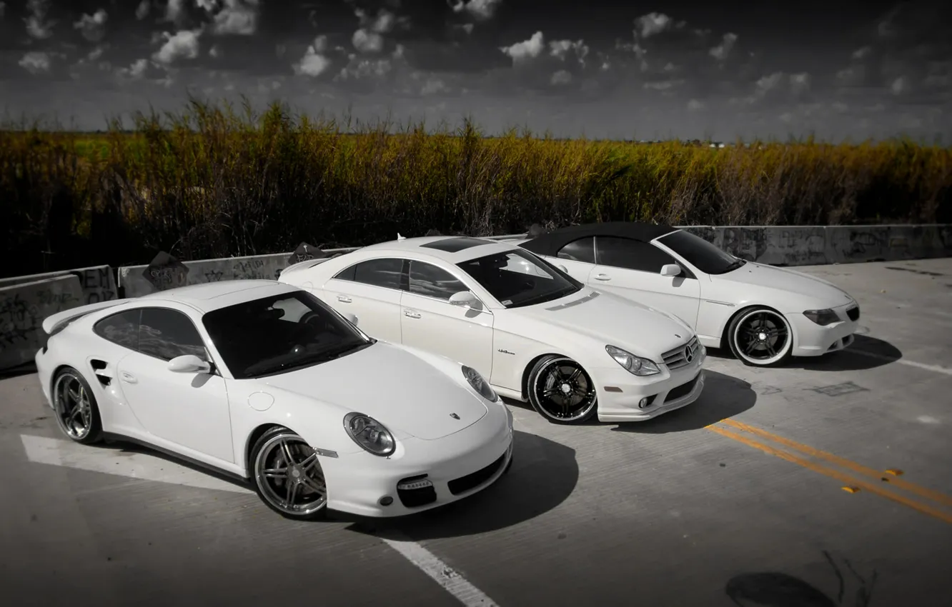 Photo wallpaper Porsche 911, BMW 6 Series Cabrio, Mercedes-Benz CLS