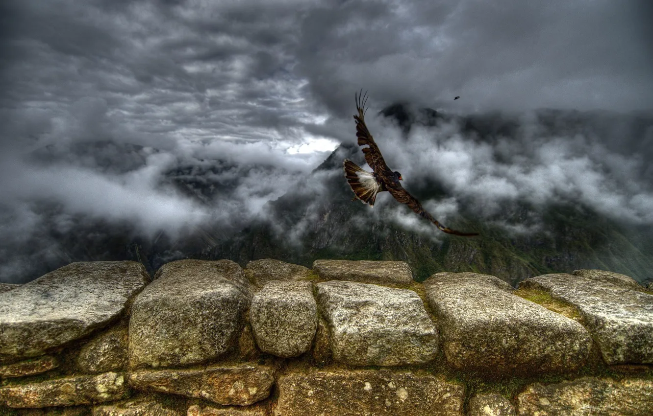 Photo wallpaper clouds, flight, mountains, stones, Birds
