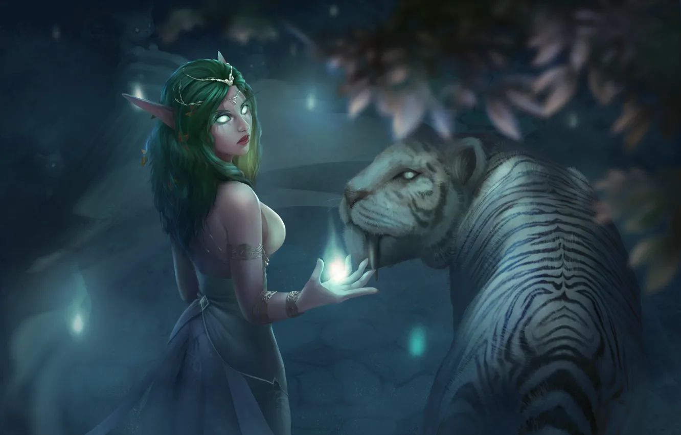 Photo wallpaper Figure, Tiger, Elf, Art, Pet, Night Elf, World of WarCraft, WarCraft