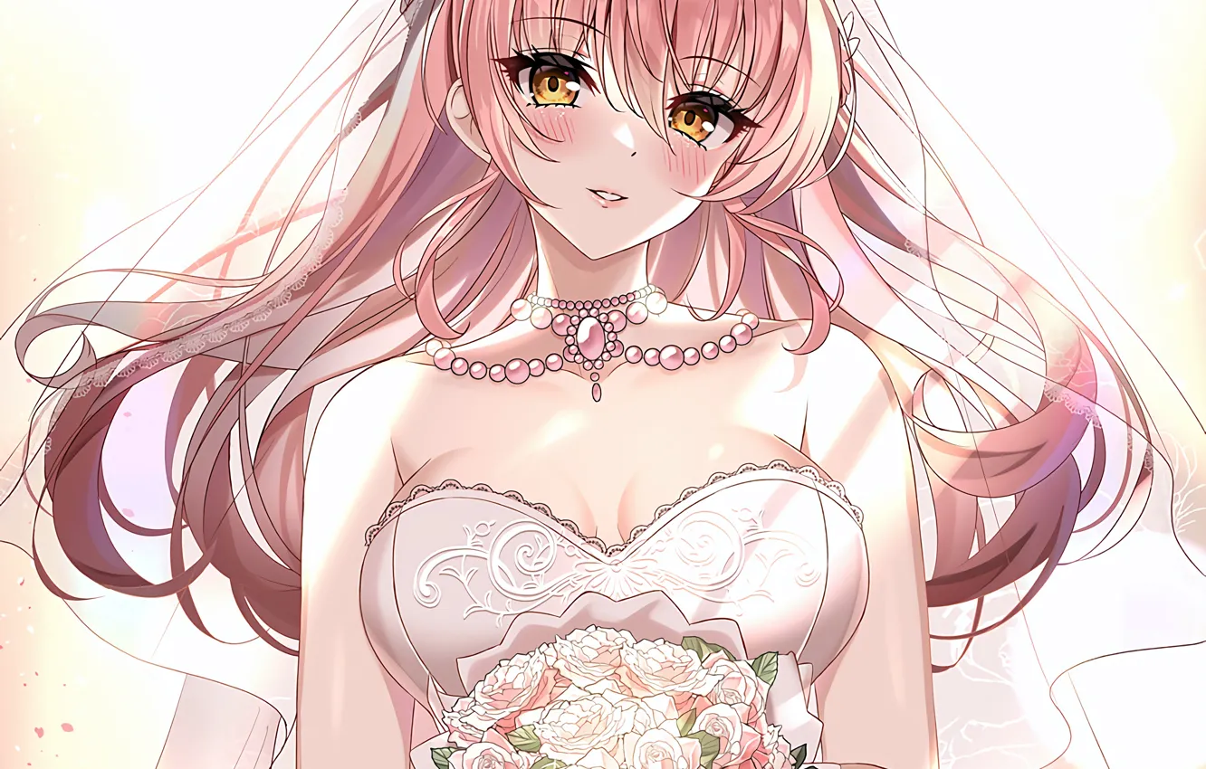 Photo wallpaper girl, sexy, cleavage, pink hair, long hair, dress, boobs, anime