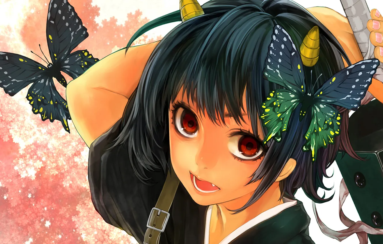 Photo wallpaper butterfly, the demon, horns, red eyes, gintama, Gintama, Gedoumaru