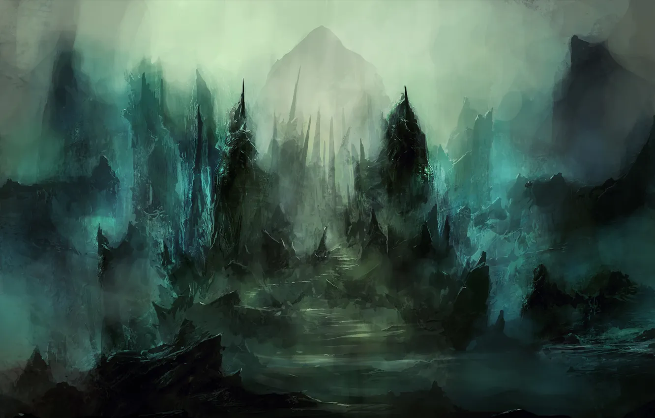 Photo wallpaper mountains, night, fog, tomb