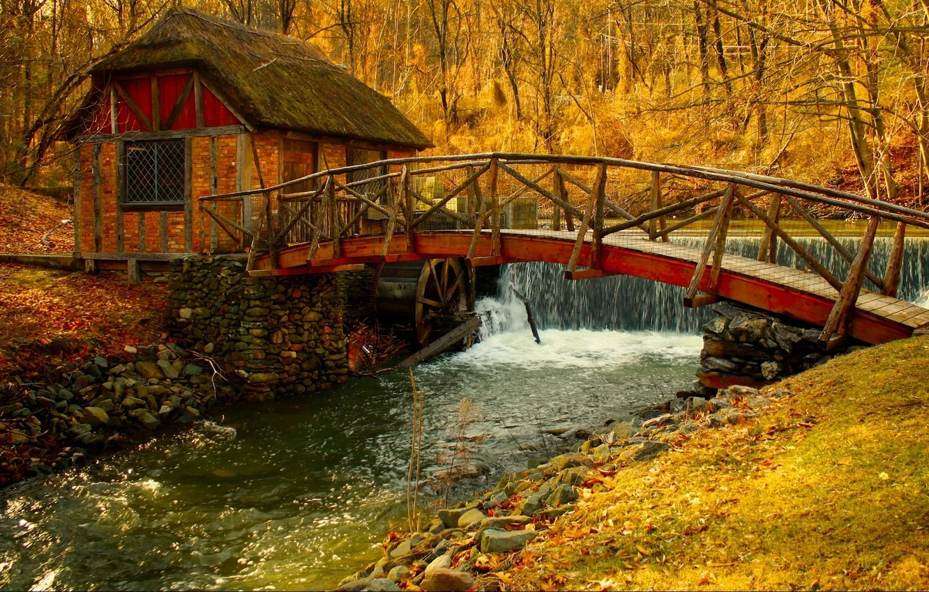 Photo wallpaper autumn, leaves, trees, landscape, nature, river, mill
