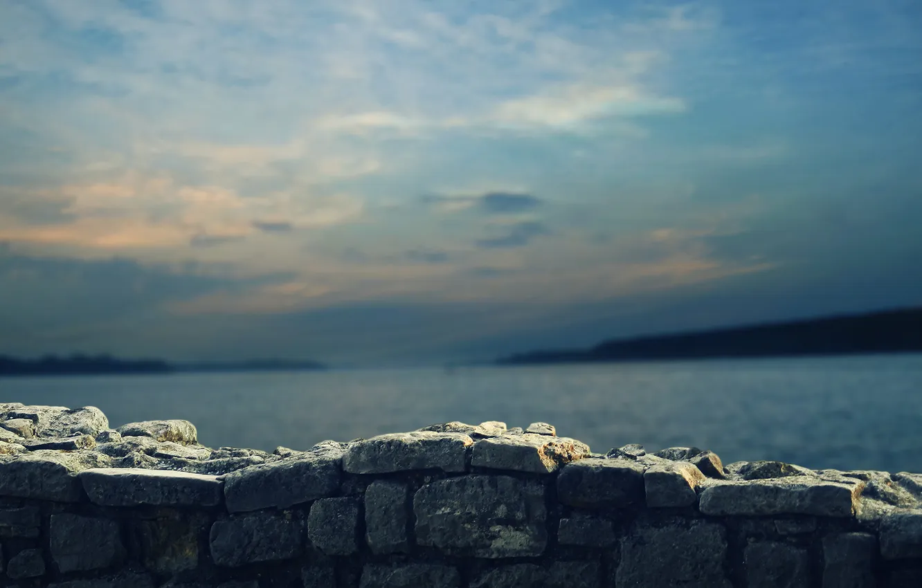Photo wallpaper the sky, lake, wall, brick