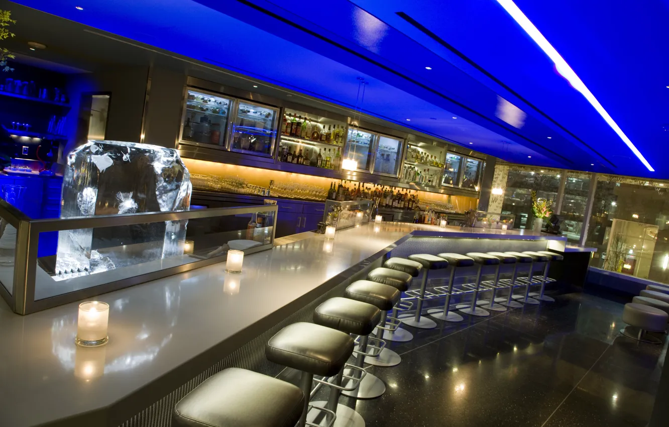 Photo wallpaper bar, candles, backlight, chair, alcohol, bar