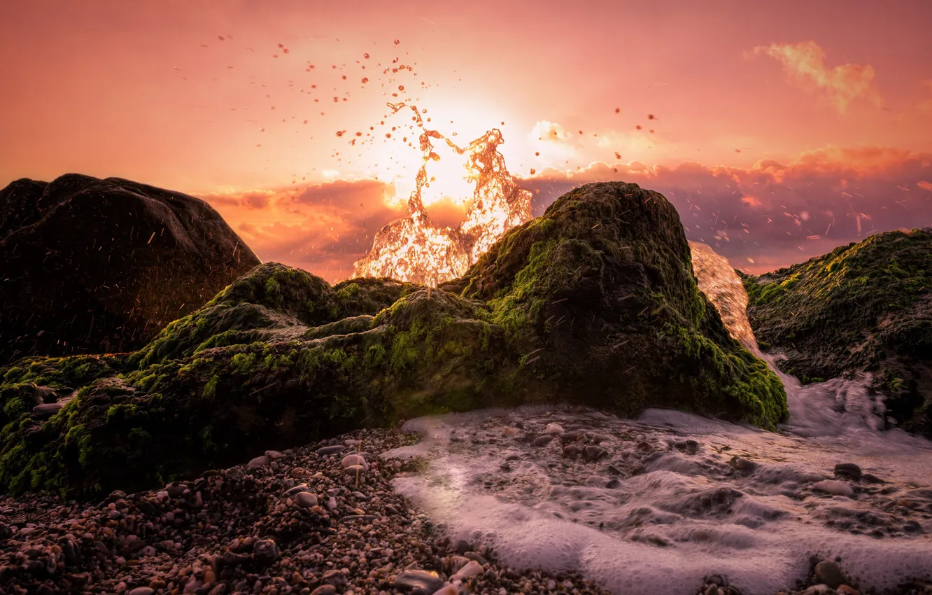 Photo wallpaper sunset, squirt, stones, coast