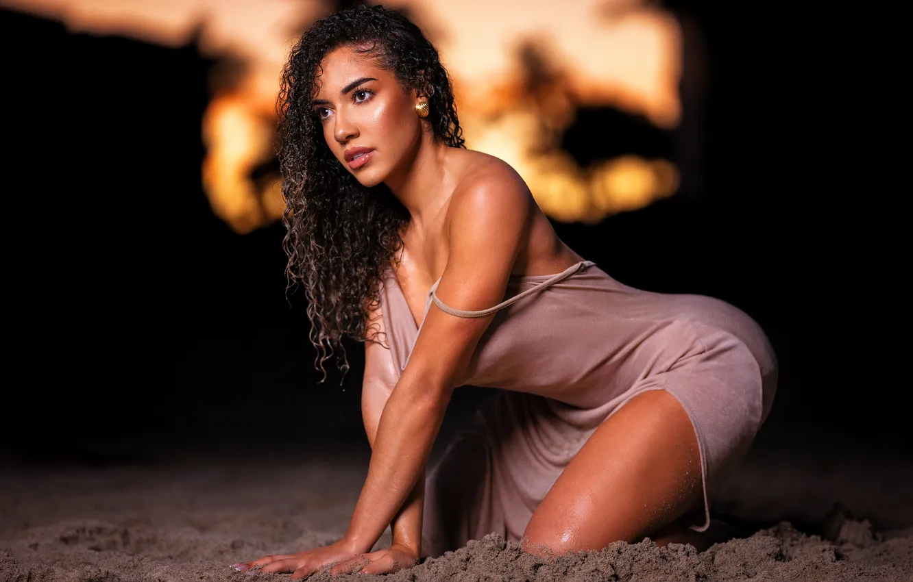 Photo wallpaper sand, girl, pose, hands, dress, brunette, shoulders, curls