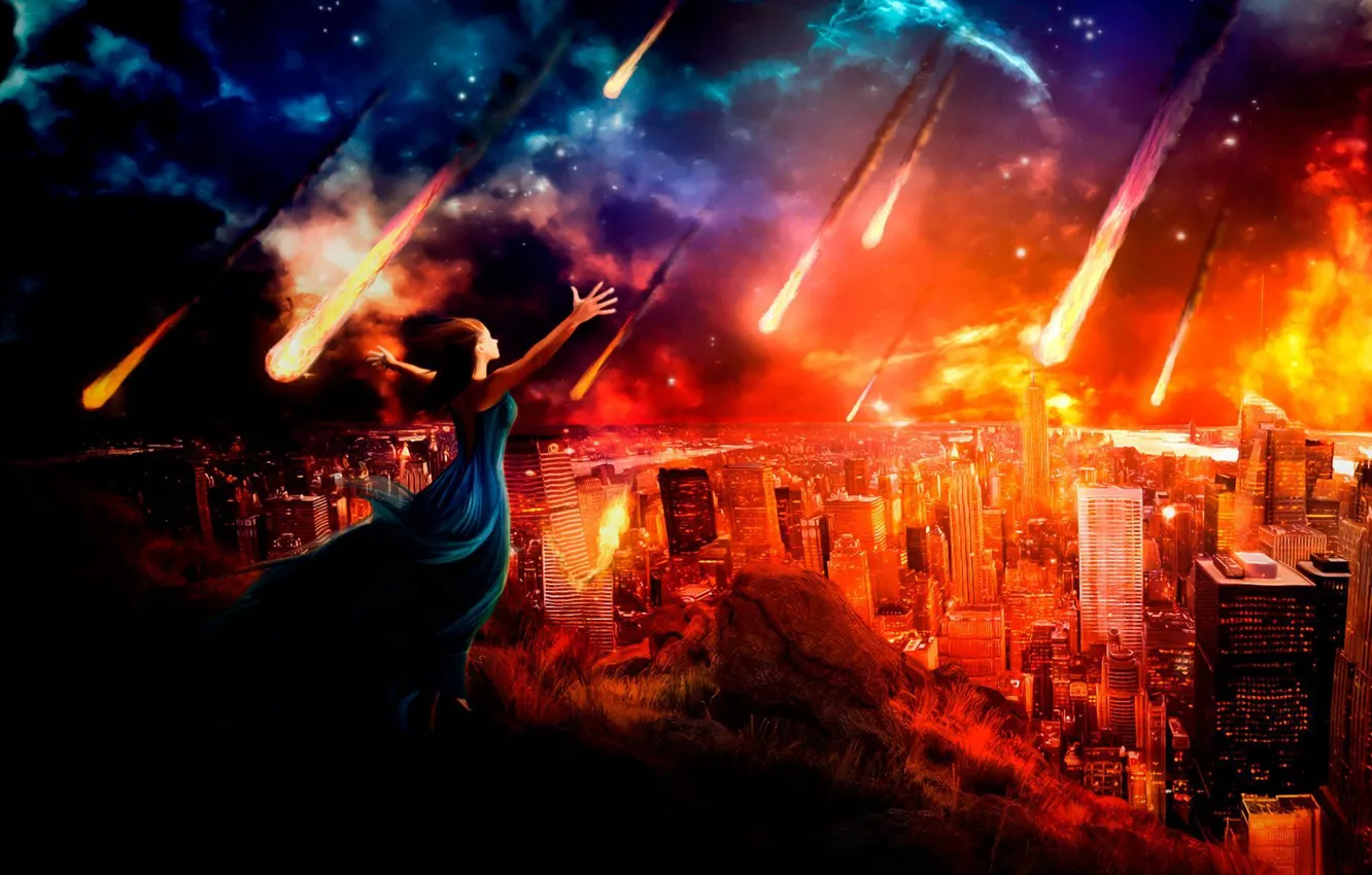 Photo wallpaper The sky, Red, Girl, The city, Apocalypse, Dress, Blue, Darkness