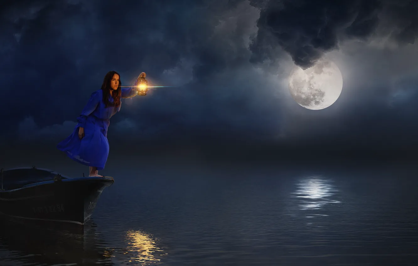 Photo wallpaper girl, night, boat, lamp