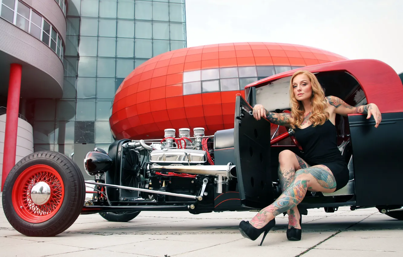 Photo wallpaper machine, girl, tattoo