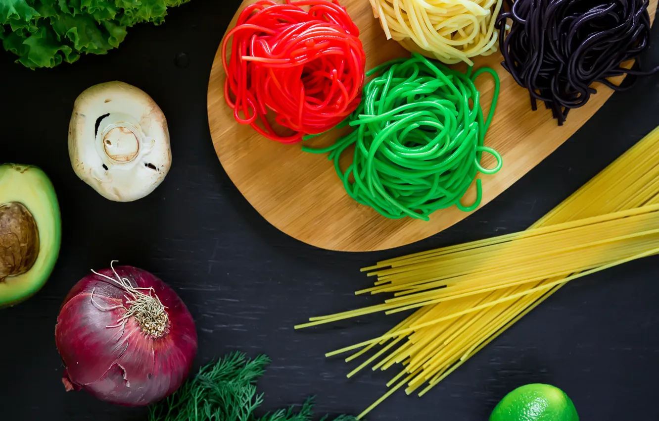 Photo wallpaper food, bow, dill, lime, vegetables, spaghetti, color, avocado