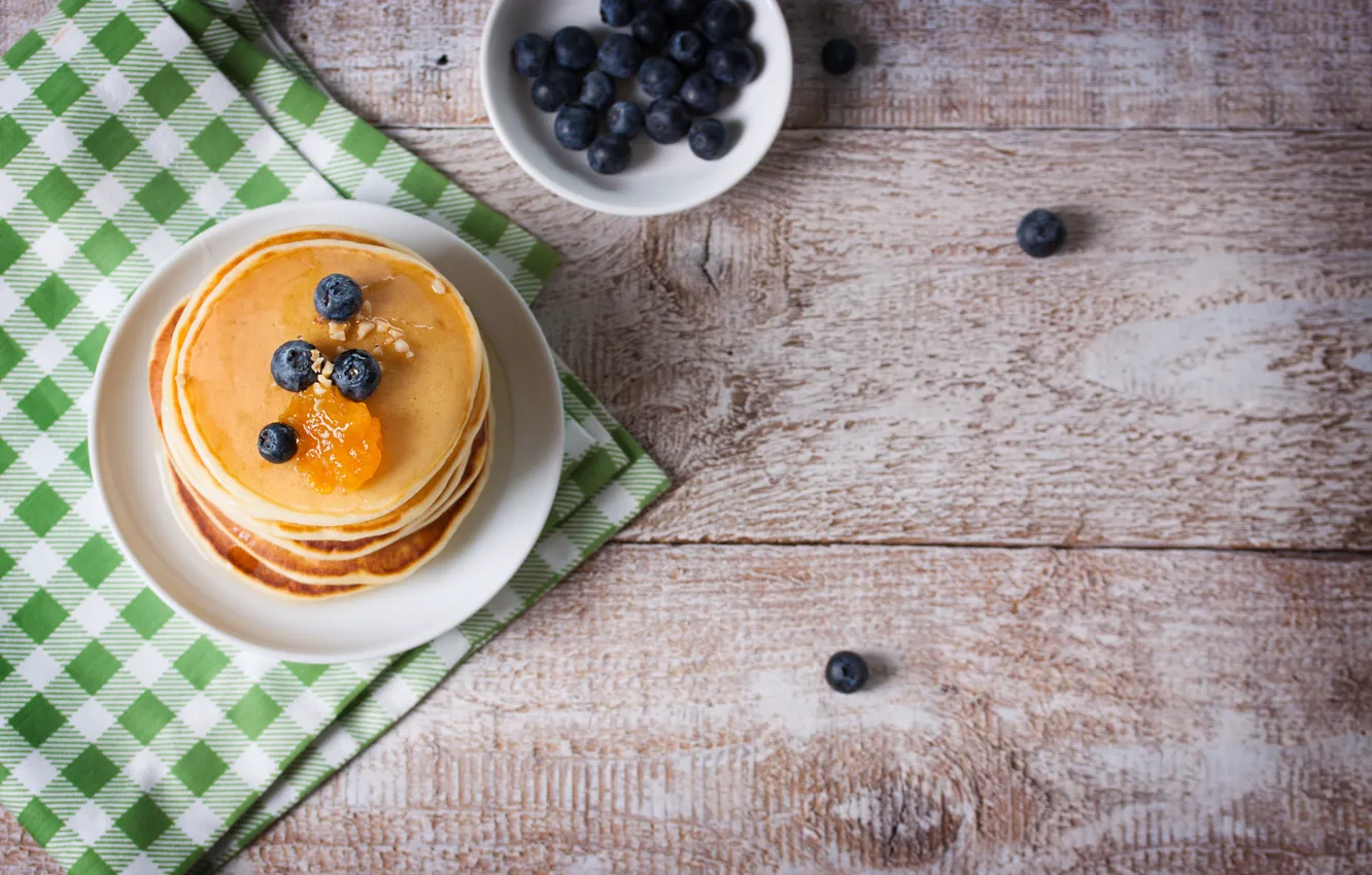 Photo wallpaper food, Breakfast, blueberries, honey, pancakes, pancake