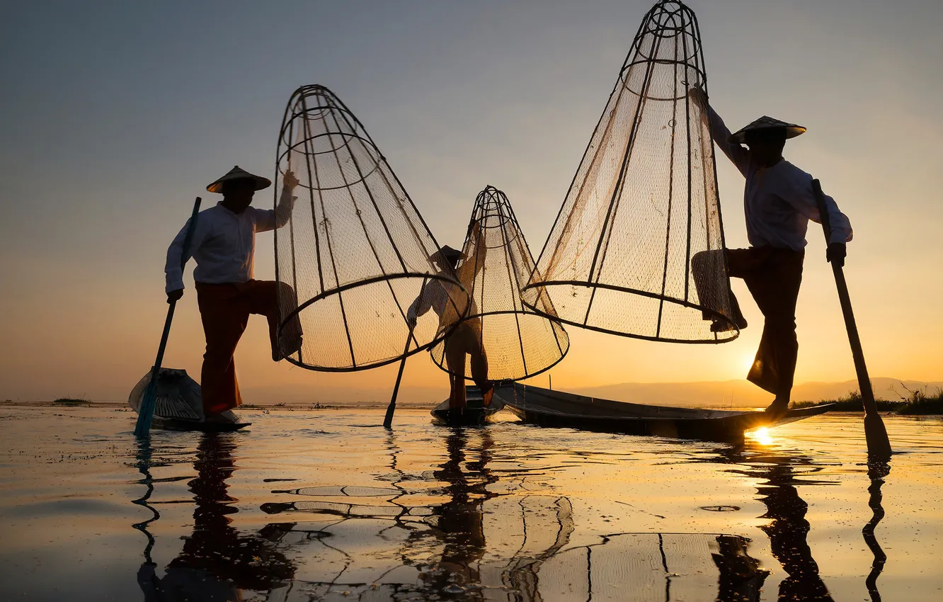 Photo wallpaper sunset, men, fishermen, fishing net
