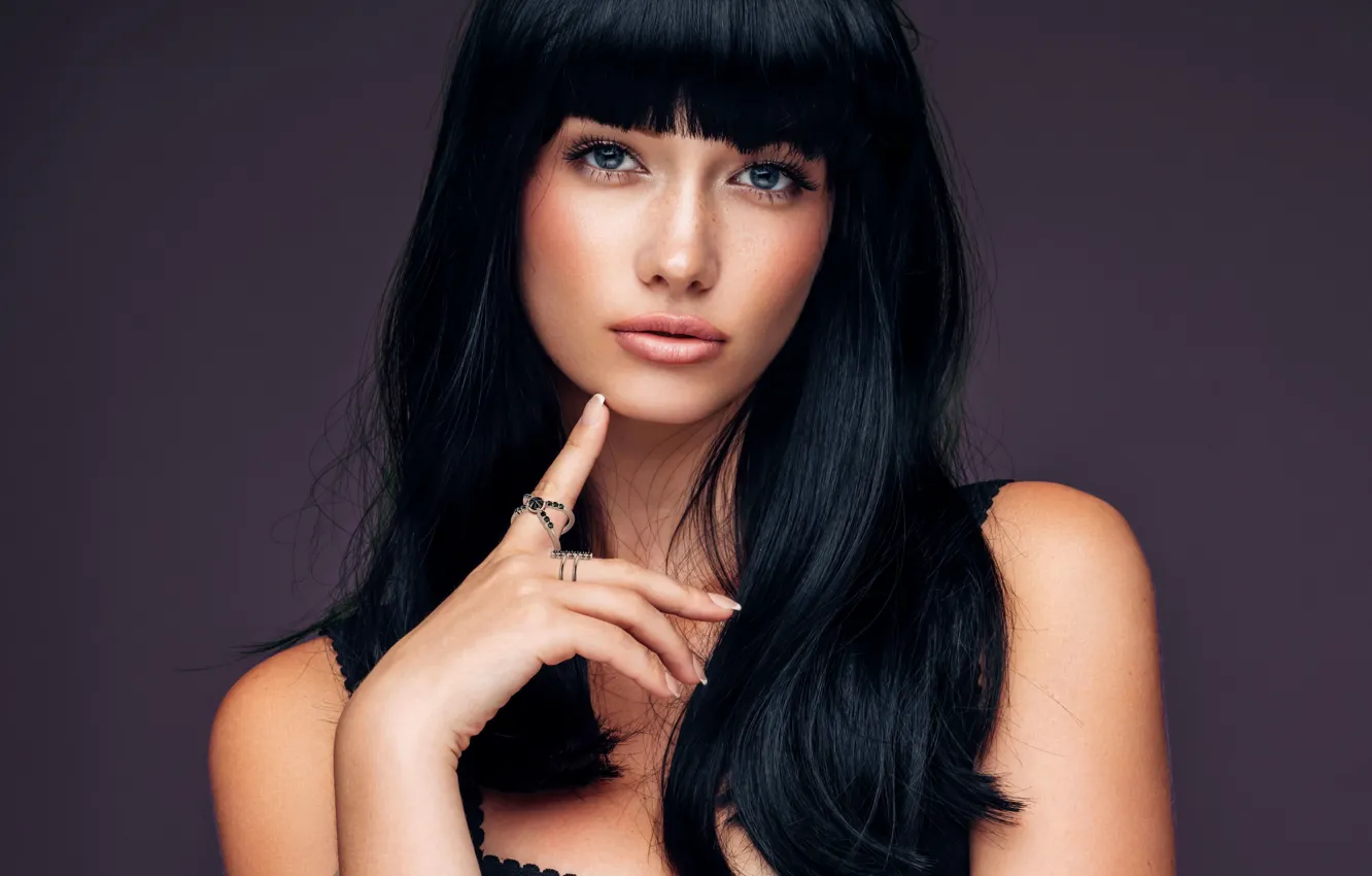 Photo wallpaper girl, blue eyes, fringe, lips, brunette, look, black hair, freckles