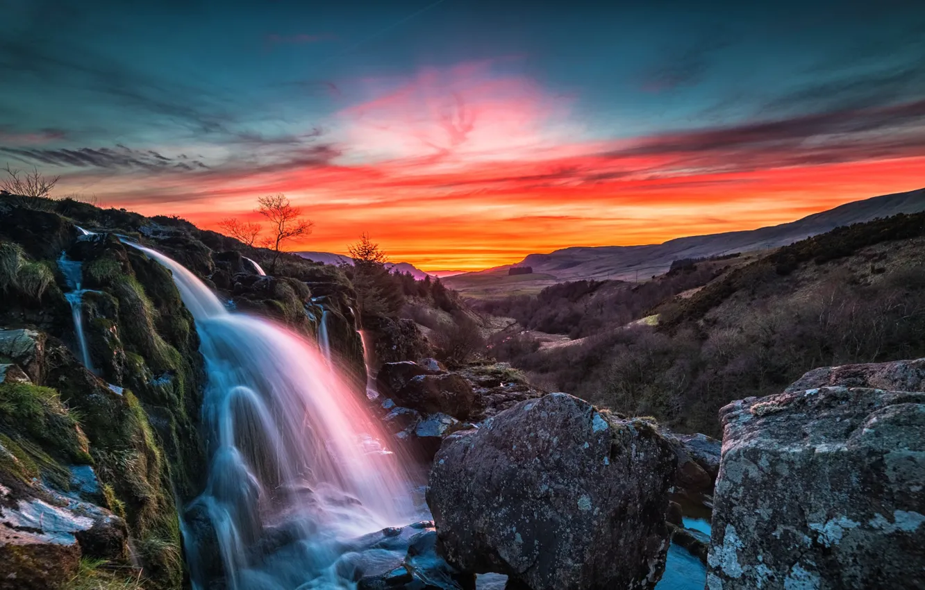 Photo wallpaper sunset, mountains, waterfall