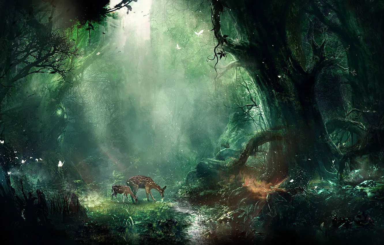 Photo wallpaper fantasy, jungle, night, tree, deer, butterflies