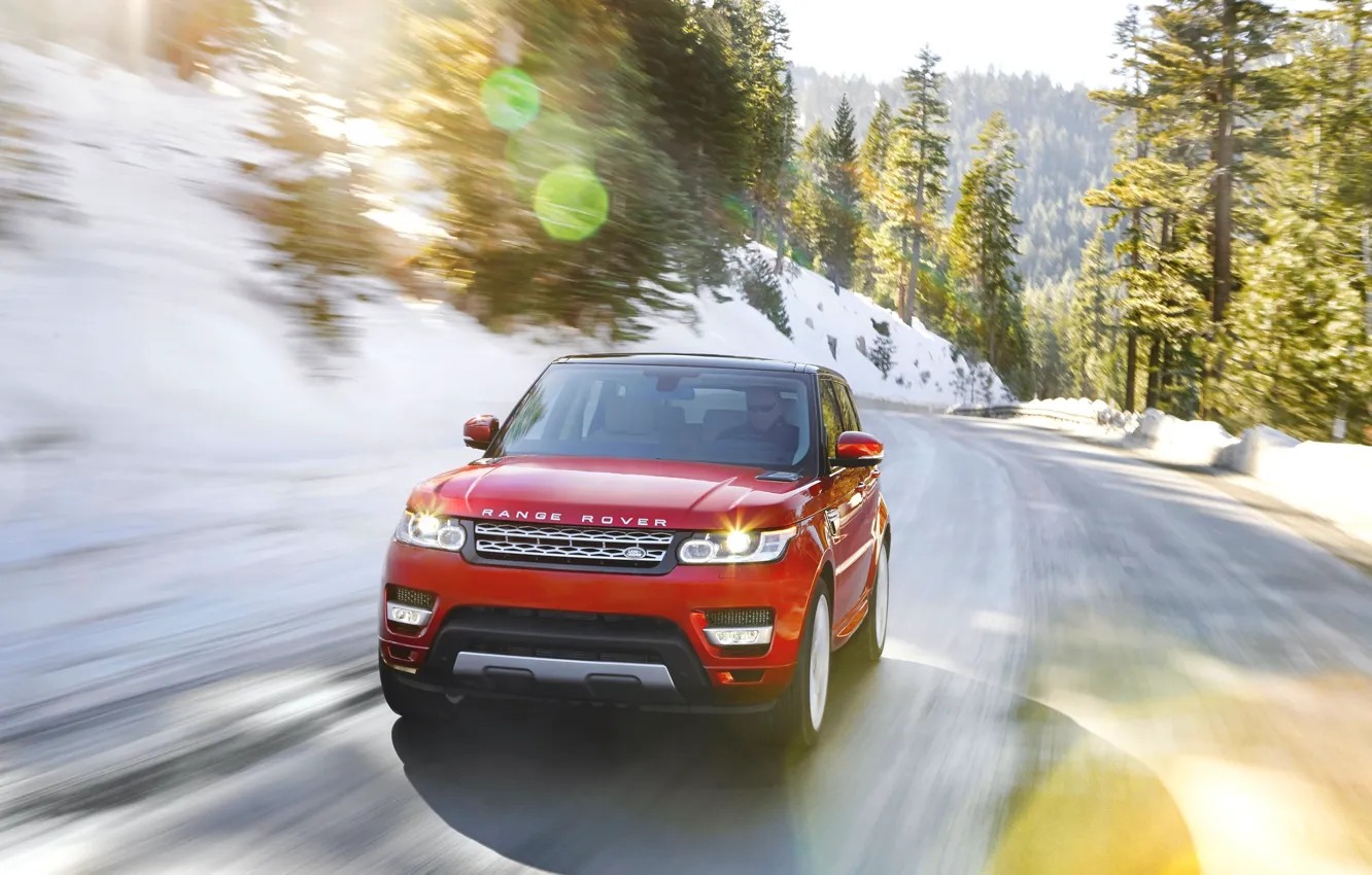 Photo wallpaper Red, Road, Machine, Land Rover, Range Rover, Blik, Sport, The front