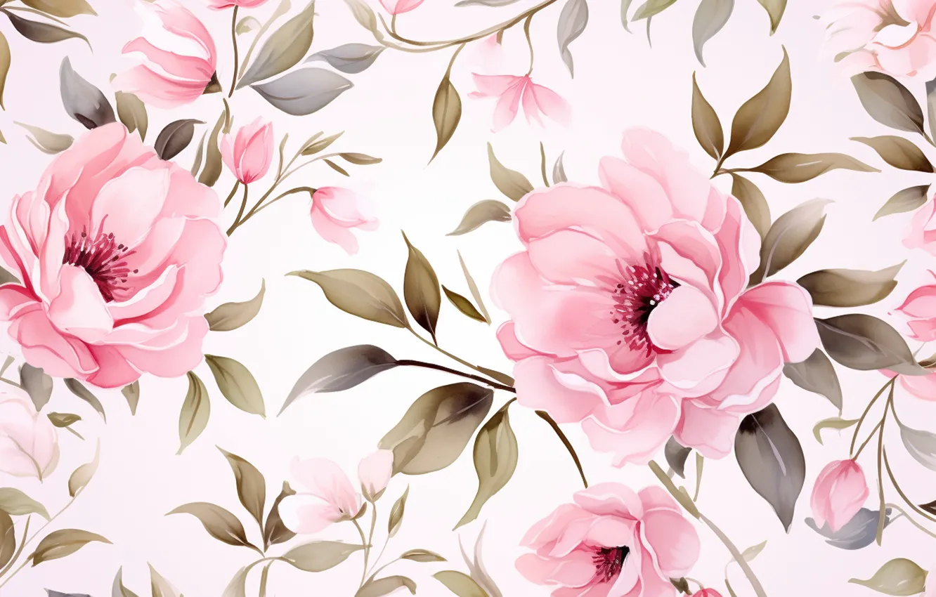 Photo wallpaper leaves, flowers, texture, spring, white background, pink, peonies, spring flowers