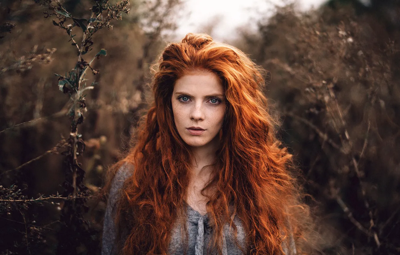 Photo wallpaper look, girl, model, makeup, hairstyle, freckles, redhead, nature