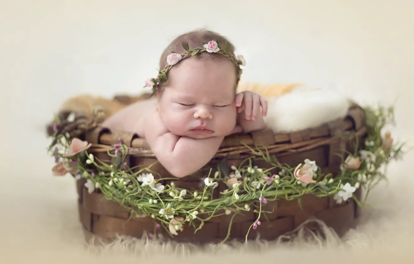 Photo wallpaper basket, sleep, girl, wreath, baby
