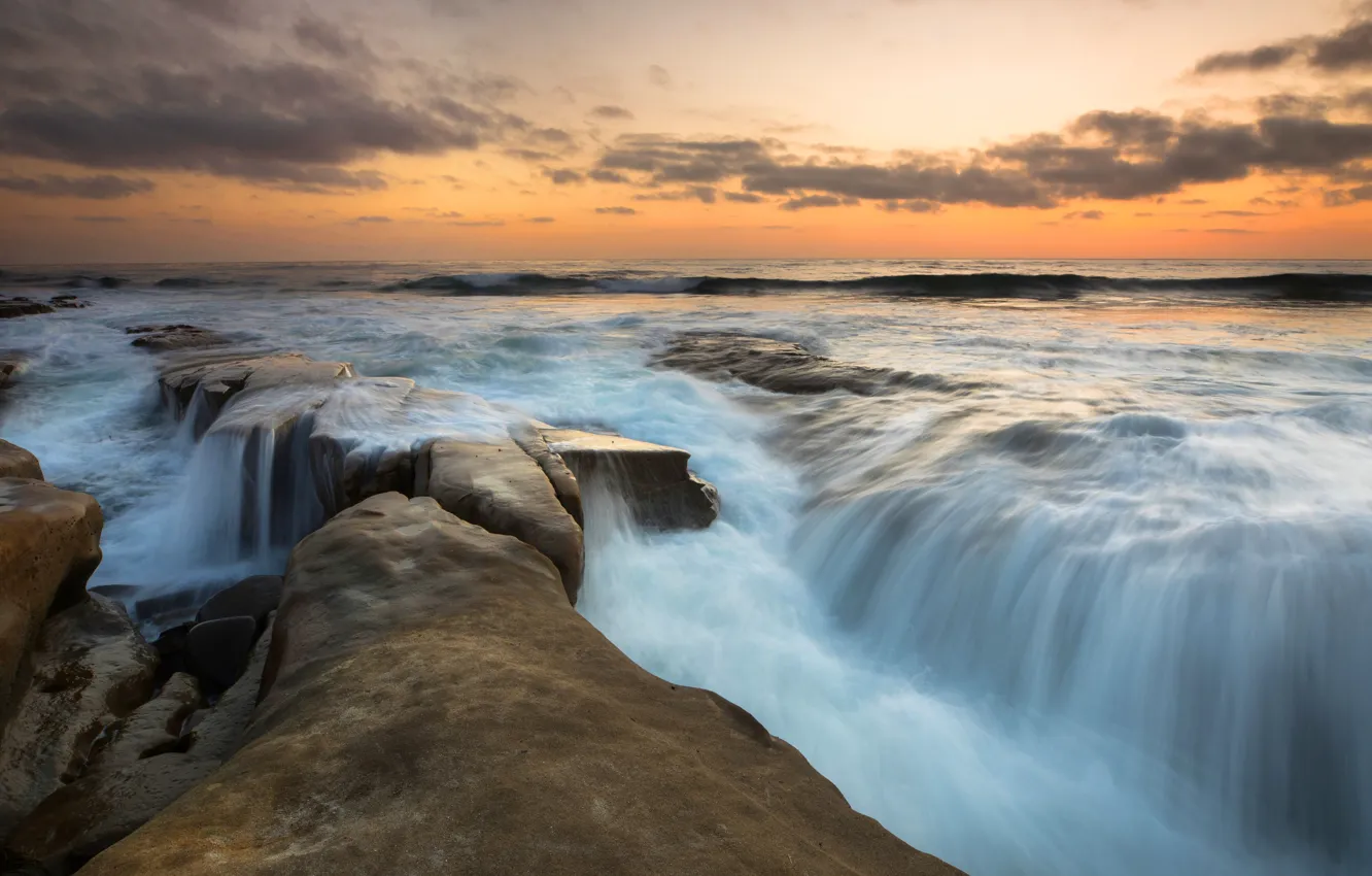Photo wallpaper sea, wave, the sky, clouds, sunset, stones, rocks, shore