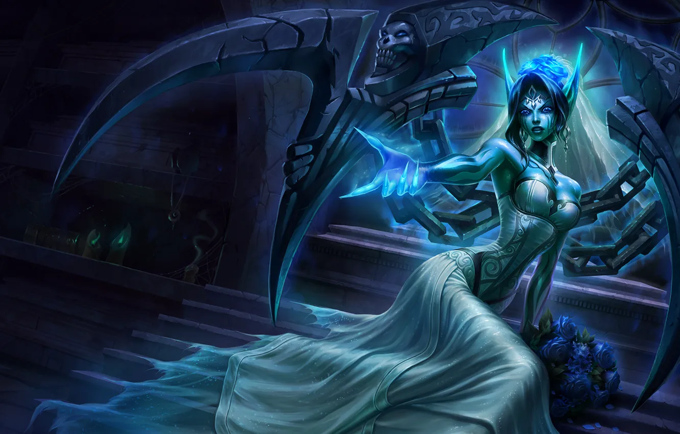 Photo wallpaper blue, roses, the bride, wreath, fallen angel, the altar, LoL, Morgana