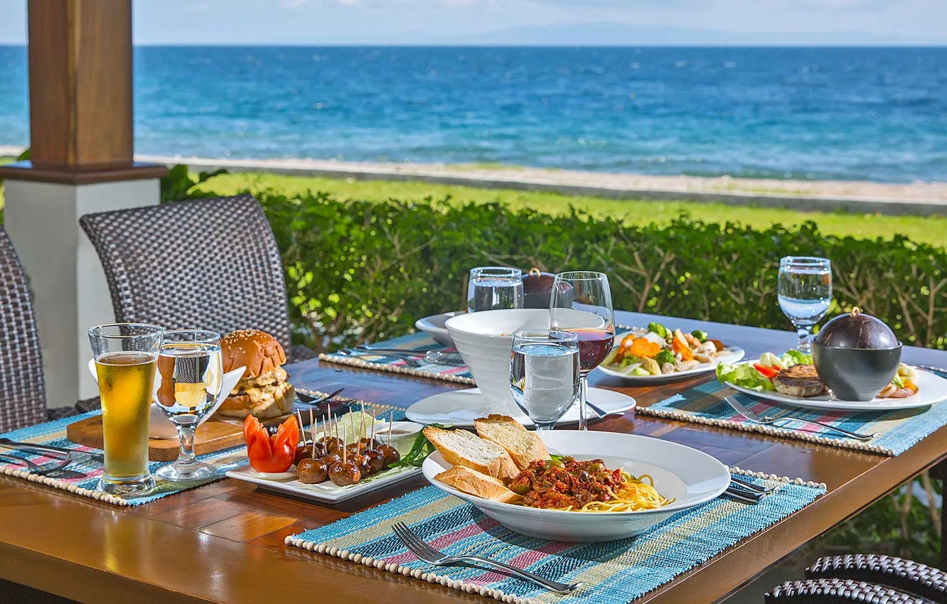 Photo wallpaper greens, table, wine, glass, food, juice, meat, restaurant