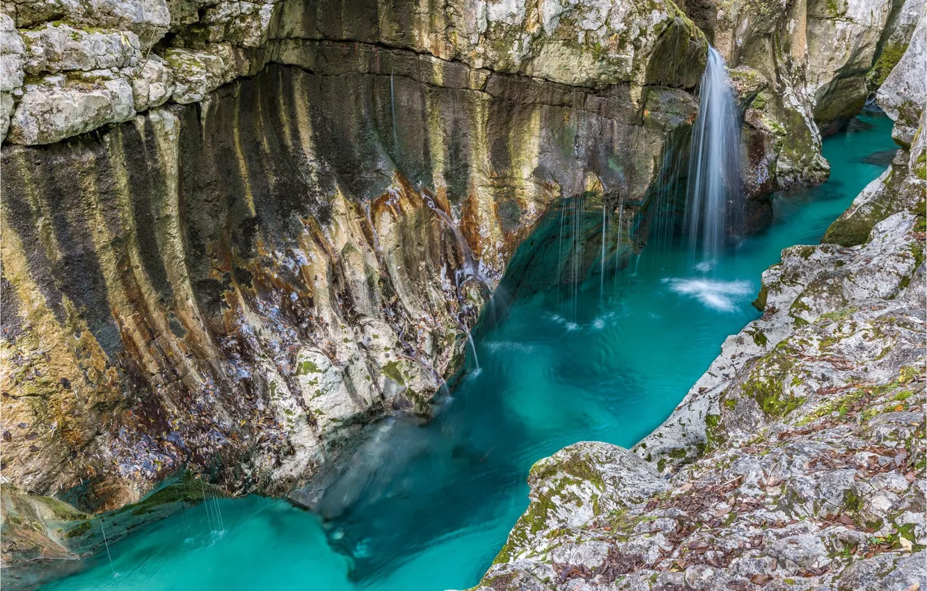 Photo wallpaper Waterfall, Rocks, Lake, Streams