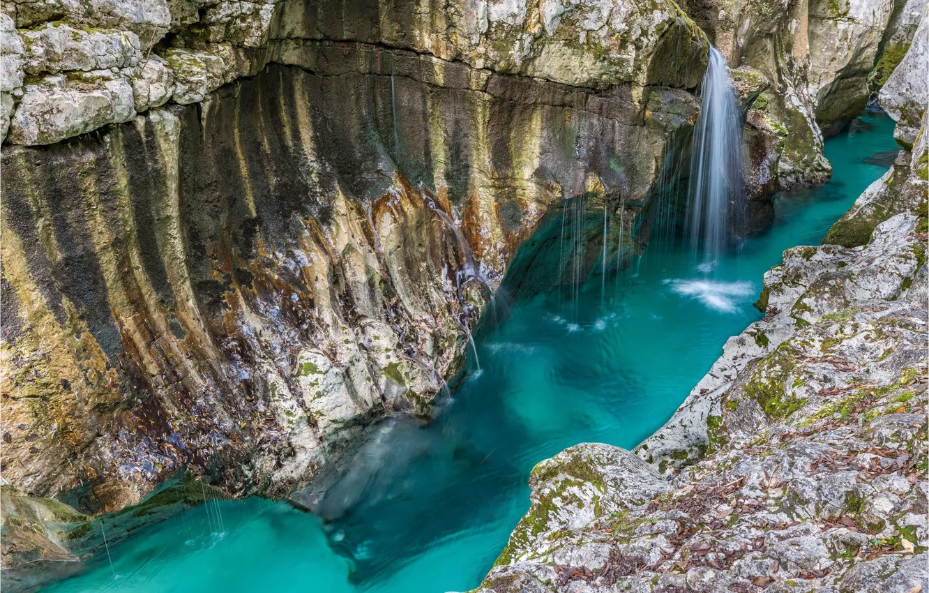 Photo wallpaper lake, rocks, waterfall, brook