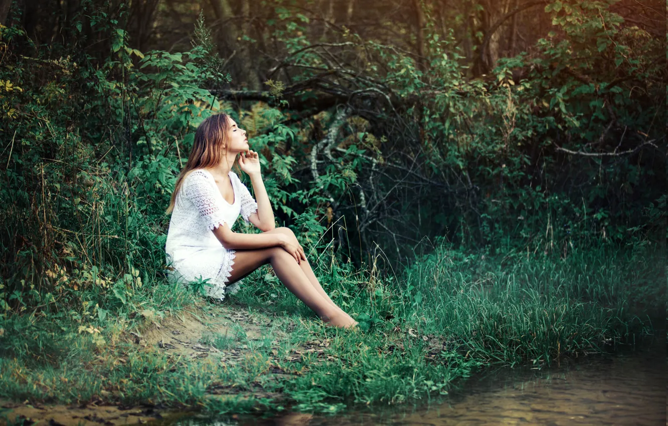 Photo wallpaper summer, girl, nature, pose, river, dress, Renat Fotov