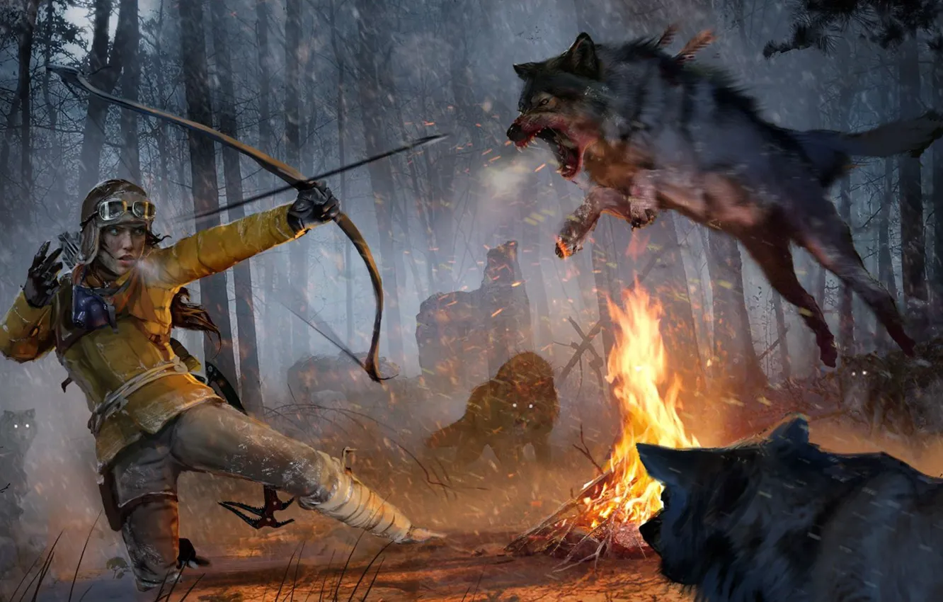 Photo wallpaper forest, girl, snow, wolf, bow, the fire, Lara Croft, Square Enix