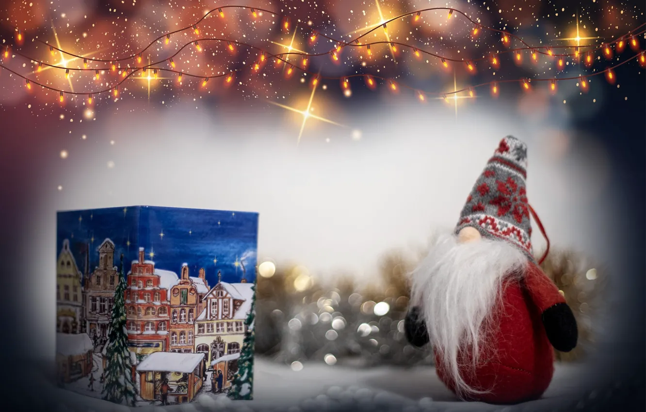 Photo wallpaper lights, lights, box, toy, new year, doll, nose, Christmas